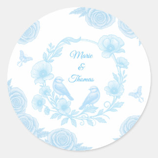 Blue Floral Wedding 💙 Personalised Names Classic Round Sticker