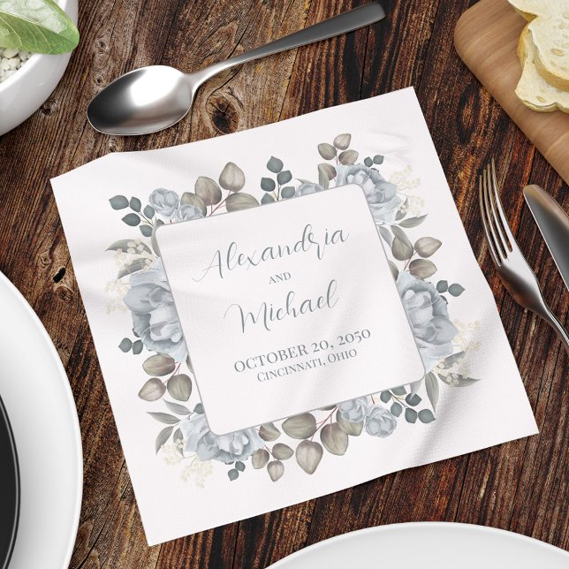 Blue Floral Wedding Personalised  Napkin (Custom  wedding cocktail napkin with bride and grooms name, date, and wedding location. )