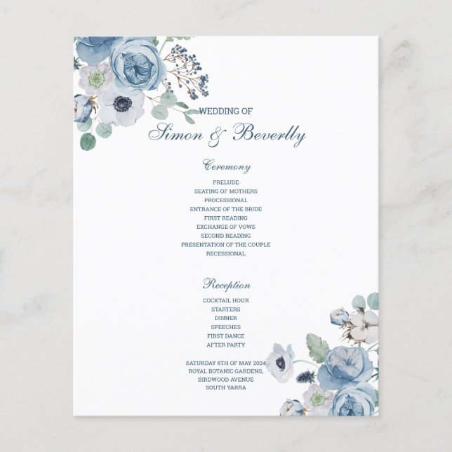 Blue Floral Wedding Program (Front)