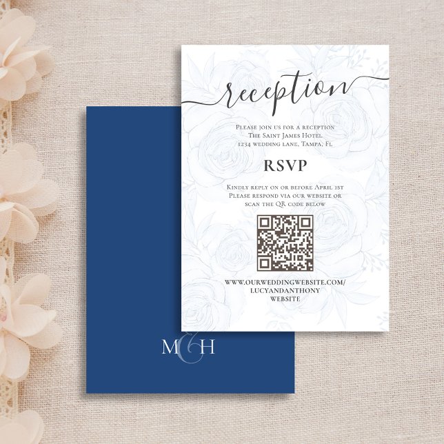 Blue Floral Wedding Reception Details  Enclosure Card (Wedding Reception and RSVP enclosure card with a Scannable QR Code. )