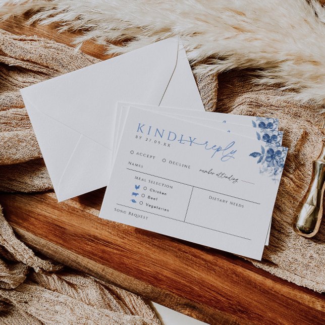 Blue Floral Wedding Reply Card with Meal Choice (Creator Uploaded)