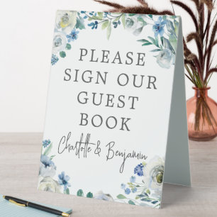 Blue Floral Wedding Sign Our Guest Book Table Tent