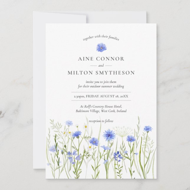 Blue floral wedding, summer wildflower theme | invitation (Front)