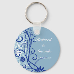 Blue Floral Wedding Swirls Key Ring