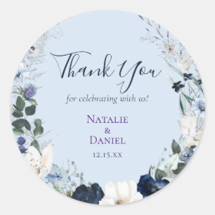 Blue Floral Wedding Thank You Classic Round Sticker