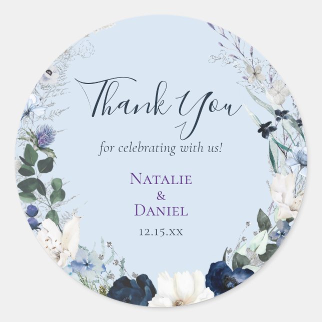 Blue Floral Wedding Thank You Classic Round Sticker (Front)
