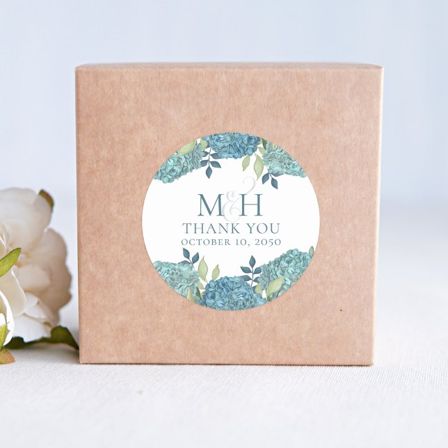 Blue Floral Wedding Thank You Custom Classic Round Sticker (Blue hydrangea wedding favor custom sticker)