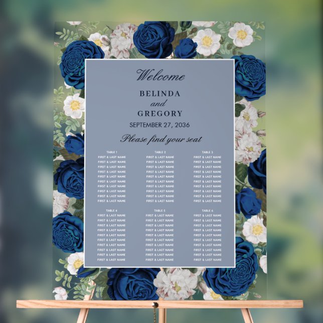 Blue Floral Wedding Transparent Seating Chart (Neutral)