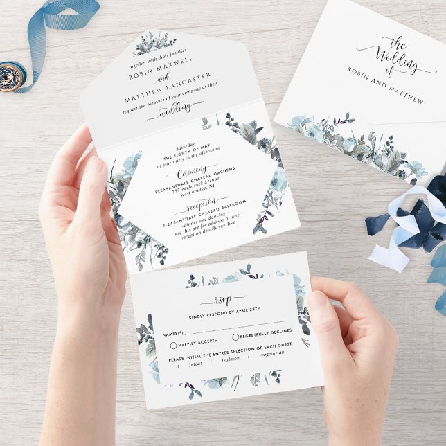Blue Floral Wedding with Perforated RSVP All In One Invitation (Creator Uploaded)