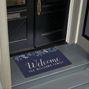 blue floral welcome script doormat