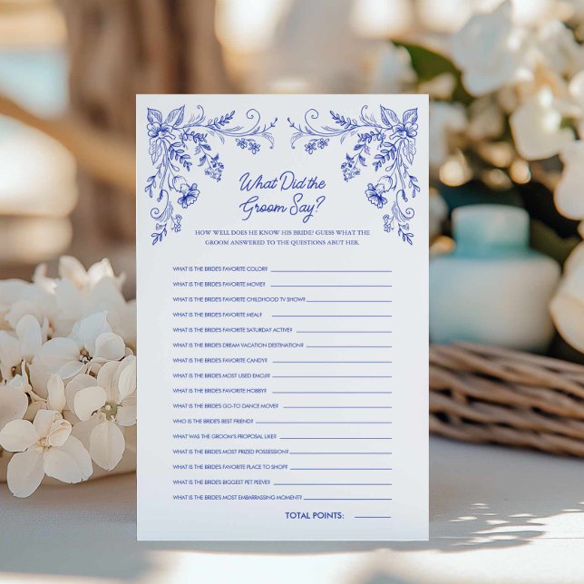 Blue Floral What did the Groom Bridal Game (Blue Toile What did the groom say bridal shower game)