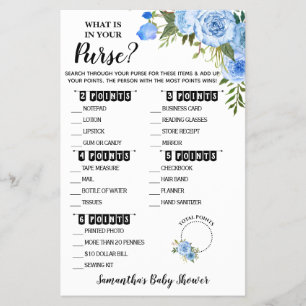 Blue Floral What is in your Purse Baby Shower Card