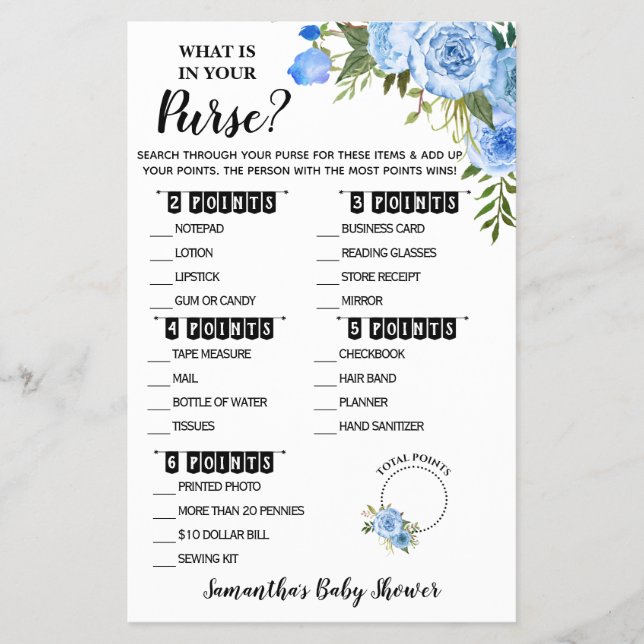 Blue Floral What is in your Purse Baby Shower Card (Front)