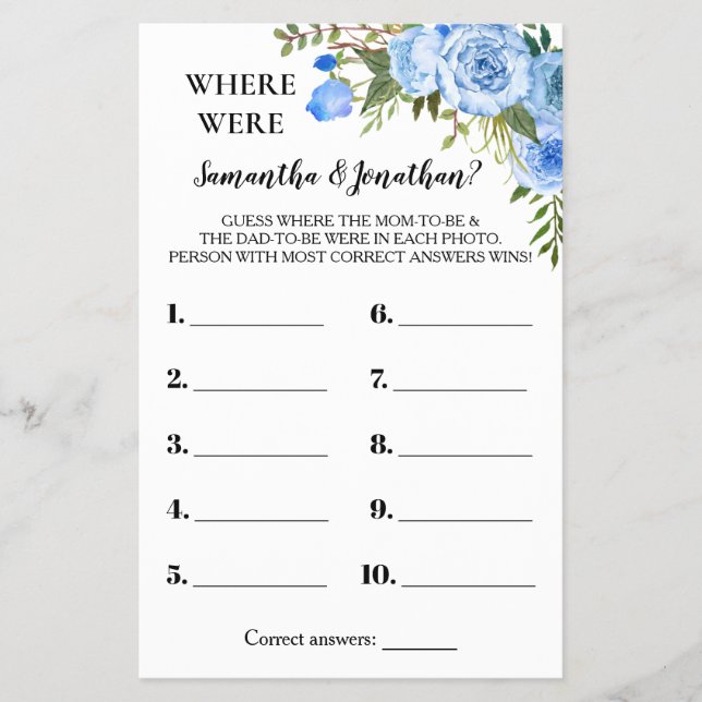Blue Floral Where were They Baby Shower Game Card (Front)