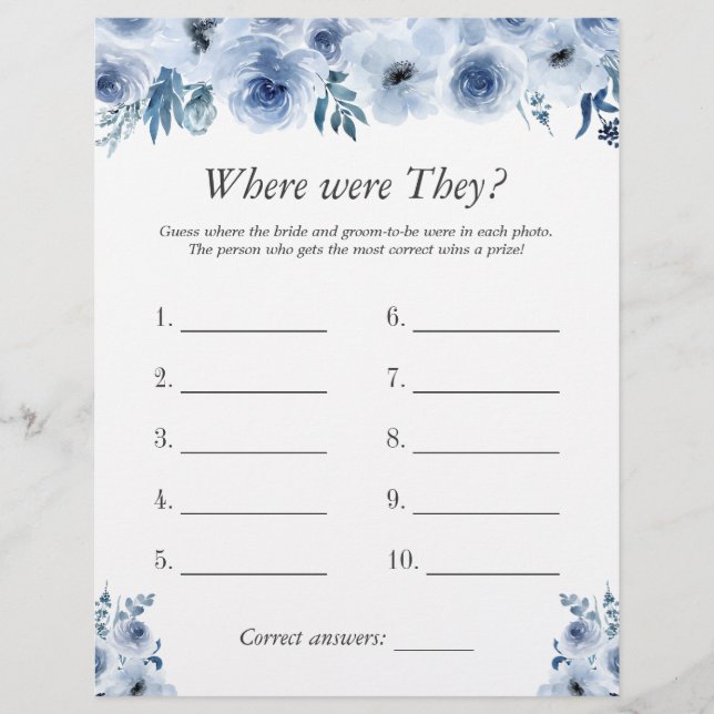 Blue Floral Where Were They Bridal Shower Game Flyer (Front)