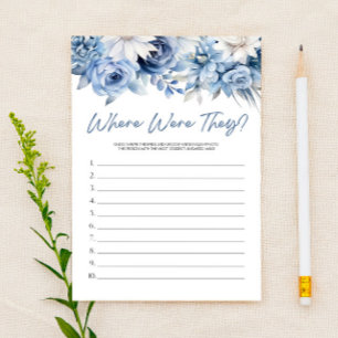 Blue Floral Where Were They? Bridal Shower Game  Stationery