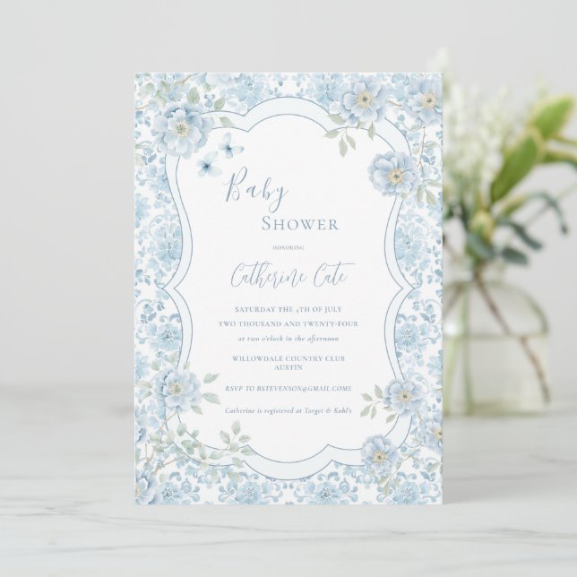 Blue Floral Whimsical Baby Shower  Invitation (Standing Front)
