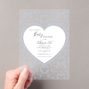 Blue Floral Whimsical Heart Baby Shower Acrylic Invitations