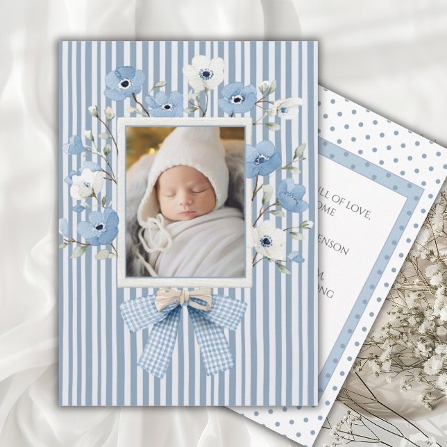 Blue Floral Whimsical Vintage Birth Announcement (Creator Uploaded)