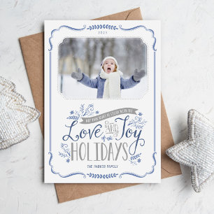 Blue Floral Whimsy 2 Photo Flat Holiday Card