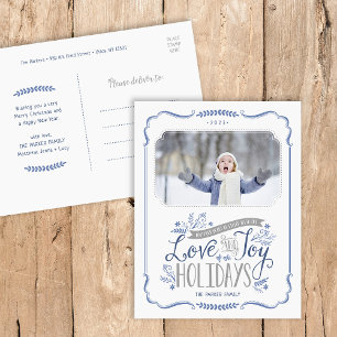 Blue Floral Whimsy Holiday Photo Postcard
