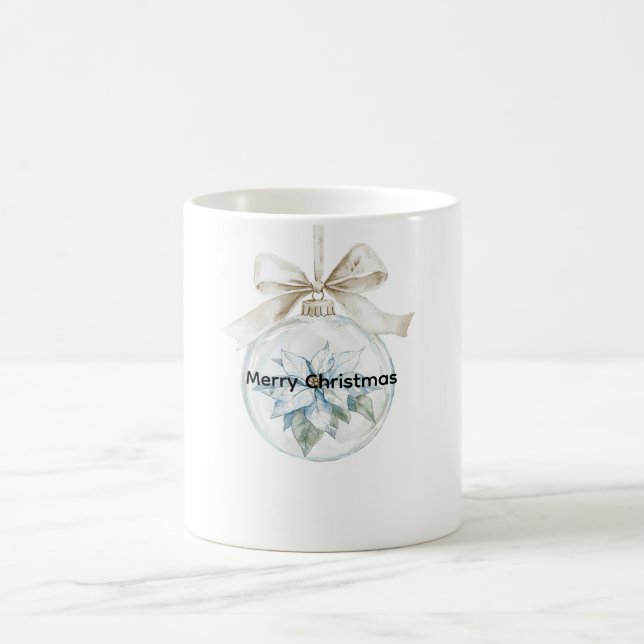Blue Floral White Bow Christmas Ornament Coffee Mug (Center)