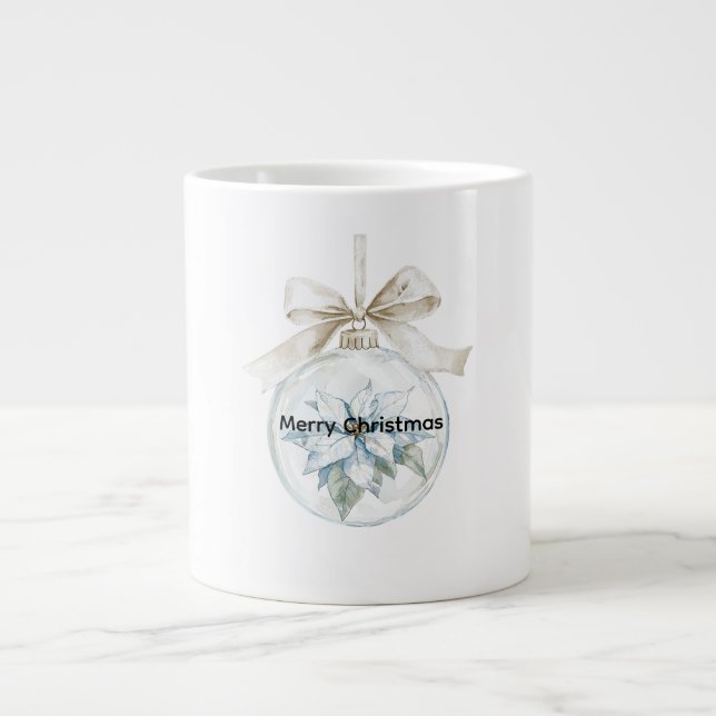 Blue Floral White Bow Christmas Ornament Large Coffee Mug (Front)
