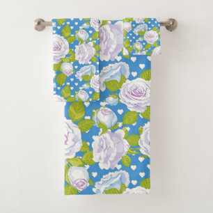 Blue Floral White Rose Trendy Sylish  Bath Towel Set