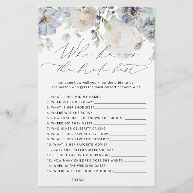 Blue Floral Who Knows Bride the Best Shower Game (Front)