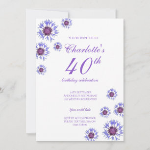 Blue Floral Wildflower 40th Birthday Party Invitation