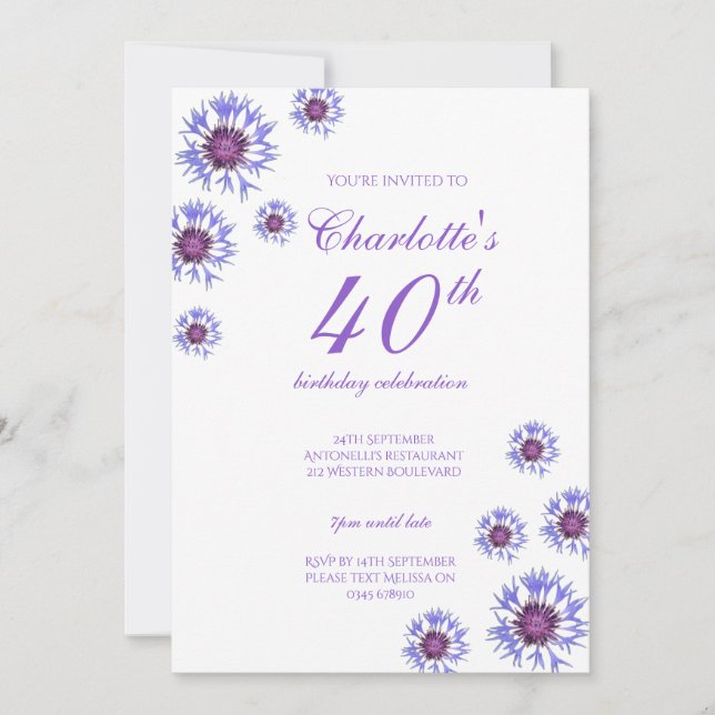 Blue Floral Wildflower 40th Birthday Party Invitation (Front)