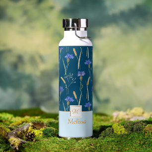 Blue Floral Wildflower Monogram Water Bottle