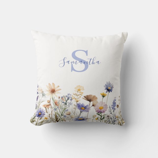 Blue Floral Wildflower Personalised  Cushion (Front)