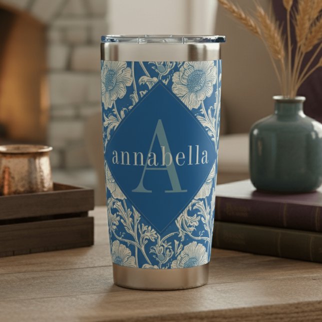 Blue Floral William Morris Elegant Monogram Insulated Tumbler (Creator Uploaded)