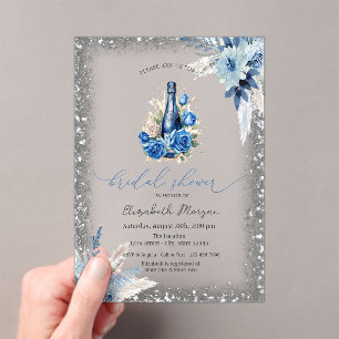 Blue Floral Wine Bottle Glitter Frame Baby Shower Acrylic Invitations