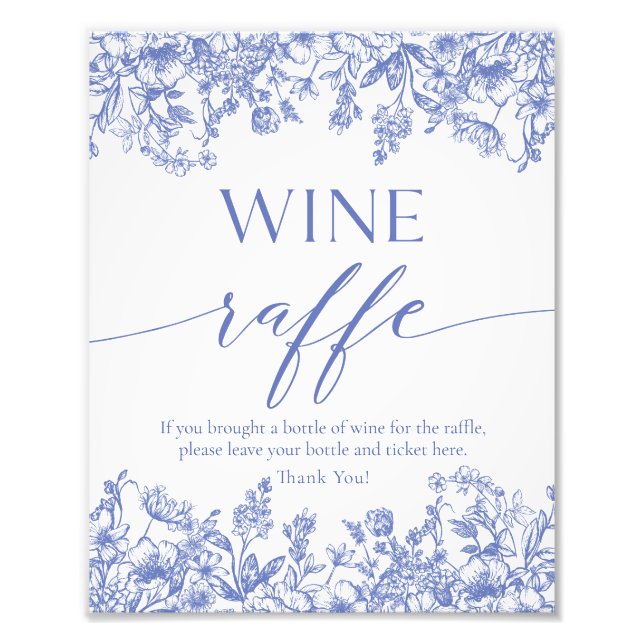 Blue Floral Wine Raffle Bridal Shower Game Sign (Front)