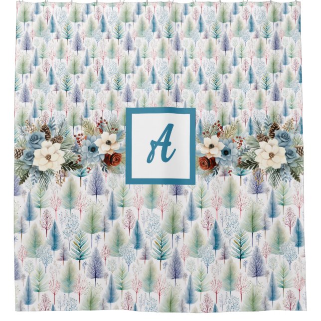 Blue Floral Winter Tree Forest Shower Curtain (Front)