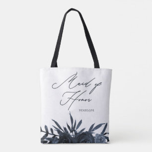 Blue Floral with Maid of Honour Script Tote Bag