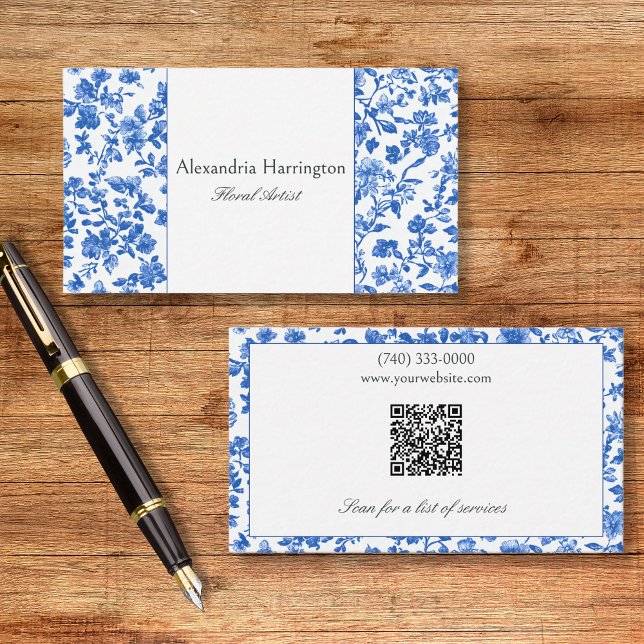 Blue Floral with QR Code Business Card (Creator Uploaded)