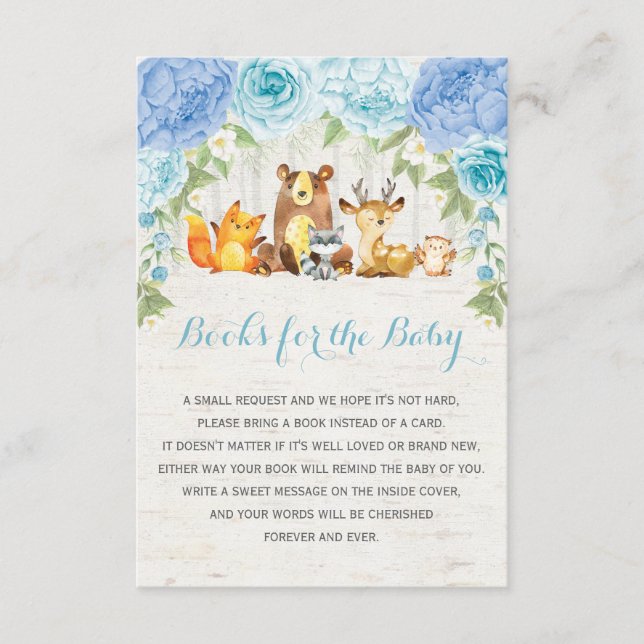 Blue Floral Woodland Forest Animals Book Request Enclosure Card (Front)