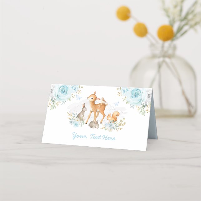 Blue Floral Woodland Forest Animals Shower Place Card (Front)