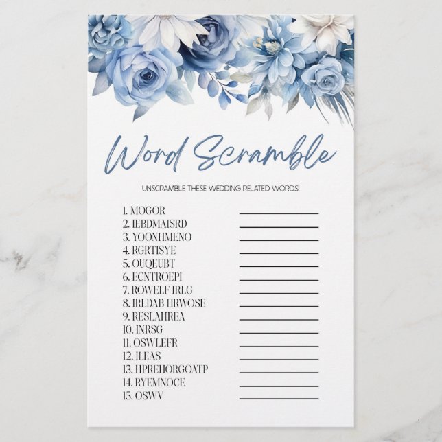 Blue Floral Word Scramble Bridal Shower Game  Stationery (Front)