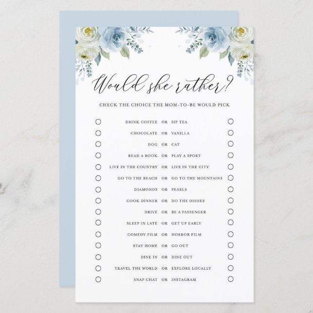 Blue Floral Would She Rather Baby Shower Game Card (Front/Back)
