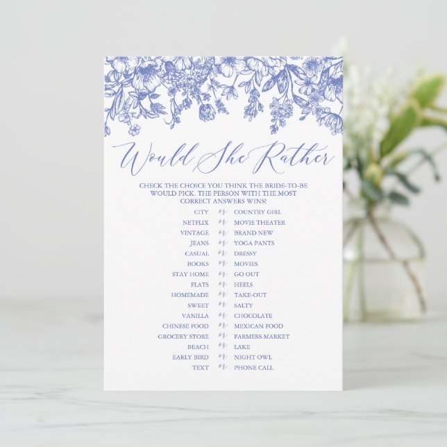 Blue Floral Would She Rather Bridal Shower Game Invitation (Standing Front)