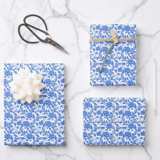 Blue Floral Wrapping Paper Sheets (Front)