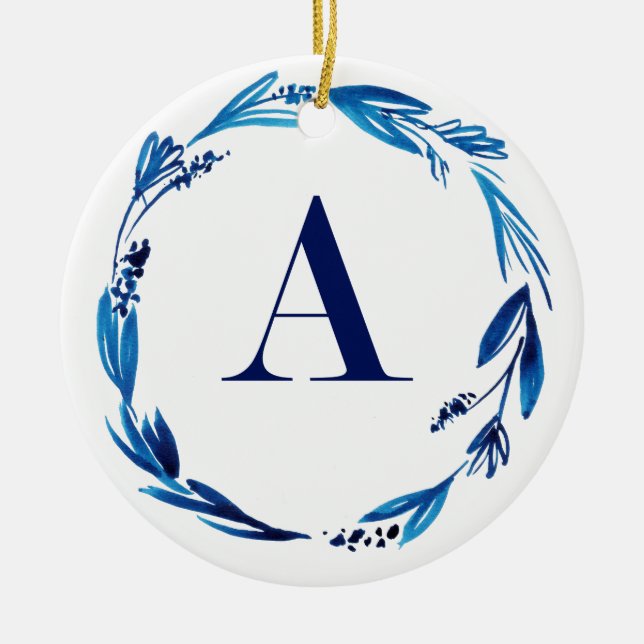 Blue Floral Wreath 'A' Ceramic Tree Decoration (Front)
