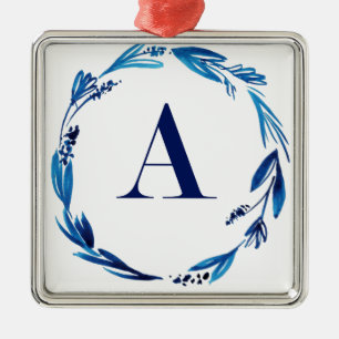 Blue Floral Wreath 'A' Metal Ornament
