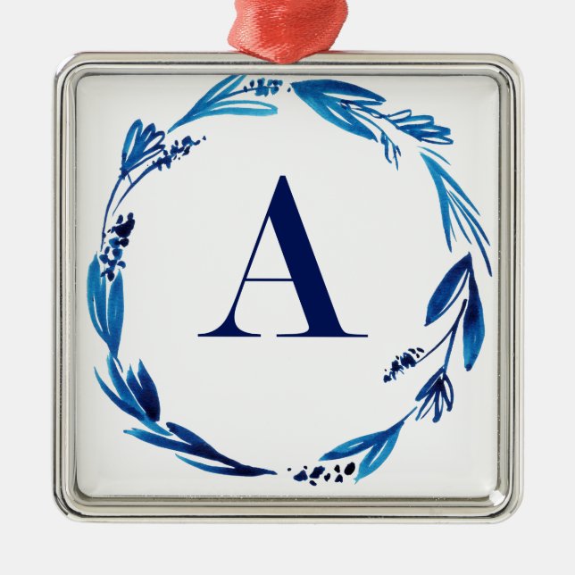 Blue Floral Wreath 'A' Metal Ornament (Front)