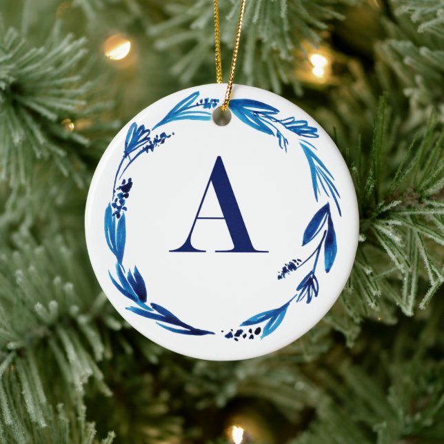 Blue Floral Wreath 'A' Personalised Ceramic Ornament (Tree)