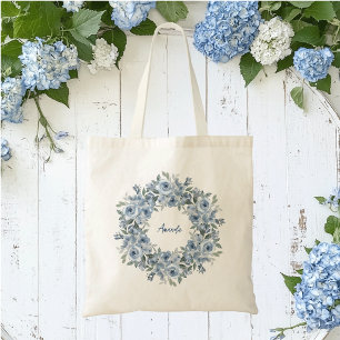 Blue Floral Wreath and Bow Personalized Tote Bag